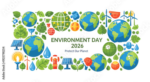 Environment Day icon collection. Includes eco symbols, globe, renewable energy, and conservation icons. Created in colorful flat style with green and blue palette