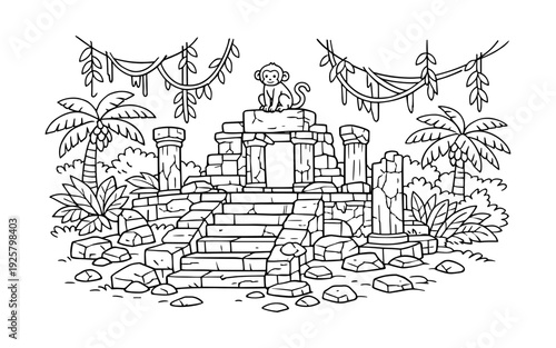 Cute cartoon monkey sits atop ancient jungle ruins with palm trees and vines