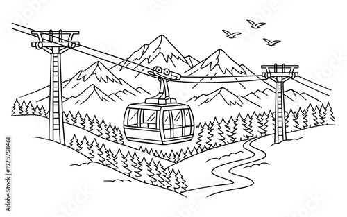 Ski resort cable car ascending snowy mountains with pine trees and birds flying