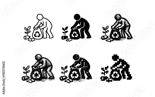 Person collecting trash into a recycling bag next to a small plant, various styles