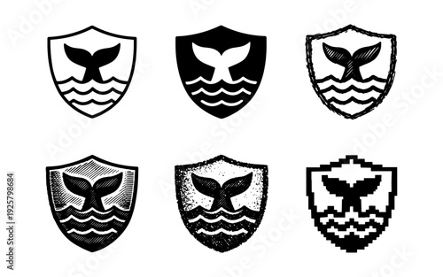 Collection of whale tail and wave shield logos in various artistic styles