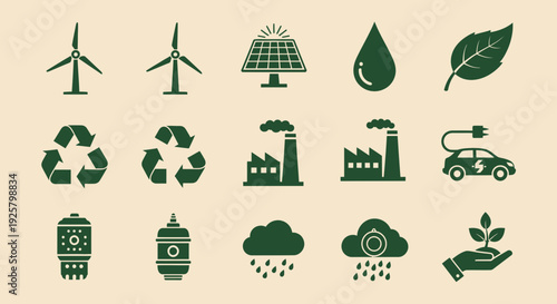 eco friendly icons, green energy symbols