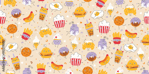 Kawaii fast food seamless pattern with cute smiling burger, donut and coffee characters. Childish cartoon doodle background for textile, stationery, packaging and digital paper design.