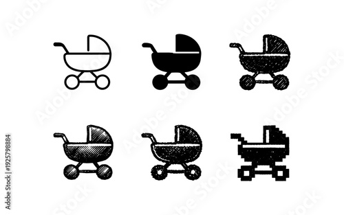 Collection of baby stroller icons in various styles and artistic renderings