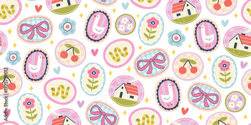 Cottagecore seamless pattern with summer countryside vibes in naive cameo frames on white. Stylish doodle style for trendy nursery textiles, kids stationery, modern packaging and digital paper.