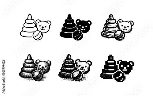 Collection of classic stacking ring toys and teddy bear illustrations in various styles
