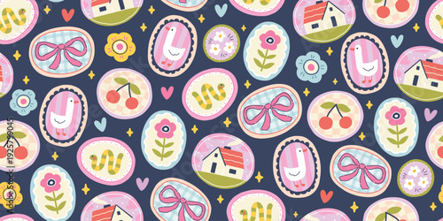 Summer countryside seamless pattern with cottagecore aesthetic in vintage cameo frames on dark background. Naive doodle style for stylish nursery textiles, modern stationery and digital paper.