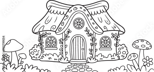 Coloring book page. Fairy tale house. one line art icon drawing vector