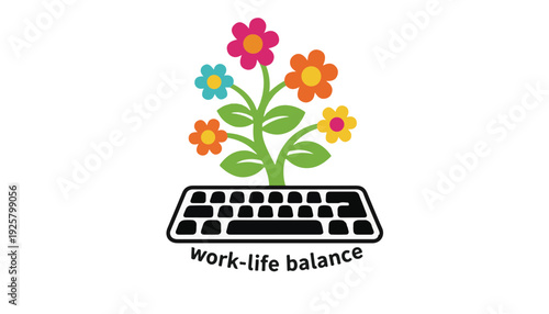 Computer keyboard with growing flowers and green leaves for eco-friendly technology and sustainable digital office solutions