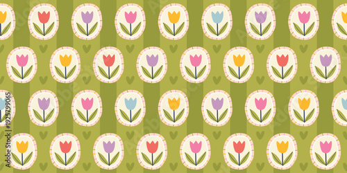 Tulip floral seamless pattern on striped background with cottagecore vibes in naive cameo frames. Minimalist doodle style for stylish textiles, stationery and digital paper