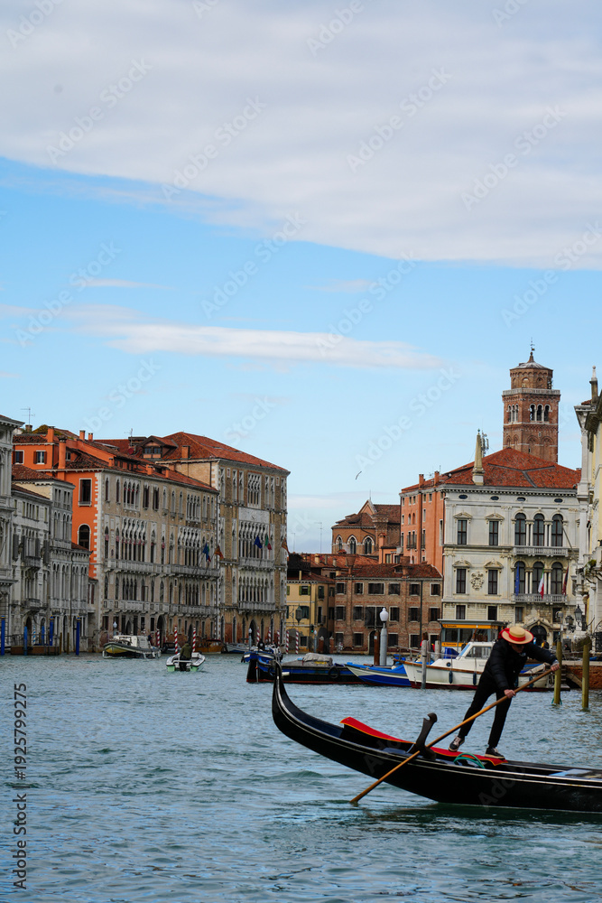 Obraz premium Grand Canal in Venice with Santa Maria della Salute basilica and historic palaces. Iconic landmark of Italy and UNESCO World Heritage Site, popular destination for international tourism.