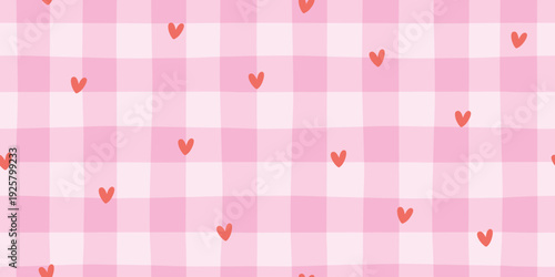 Heart seamless pattern vector with red confetti on pink gingham background. Cute vichy check style for valentines day, kids textile, bakery packaging. Sweet, stylish, modern doodle
