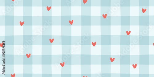 Heart seamless pattern vector with red confetti on blue gingham background. Cute vichy check style for baby shower, boy nursery, kitchen textile. Gentle, stylish, modern doodle.