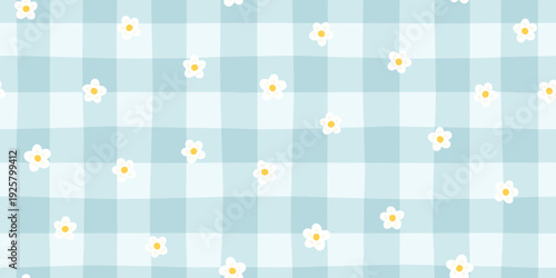 Daisy seamless pattern vector with white flowers on blue gingham background. Cute floral vichy check for baby boy nursery, textile, digital paper, packaging. Gentle, stylish, modern doodle.