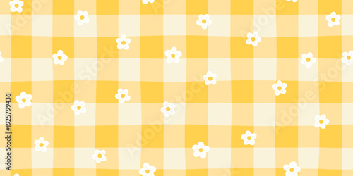 Daisy seamless pattern vector with white flowers on yellow gingham background. Cute floral vichy check for summer picnic, kitchen decor, fabric, wallpaper. Bright, stylish, modern doodle