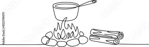 Continuous one line drawing of a pot on campfire. Picnic with dinner on bonfire. one line art icon drawing vector