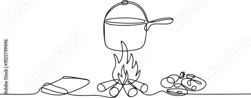Continuous one line drawing of a pot on campfire. Picnic with dinner on bonfire. one line art icon drawing vector