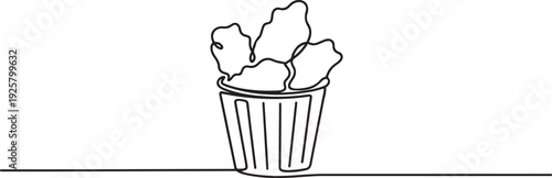 Continuous one line drawing of fried chicken wings in a bucket. Fast food concept for restaurant menu, logo, poster, banner. one line art icon drawing vector