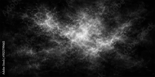 Abstract black and white smoke swirls into a dark storm cloud texture, creating a motion of fog and light that mimics a celestial explosion across a nature-inspired space background