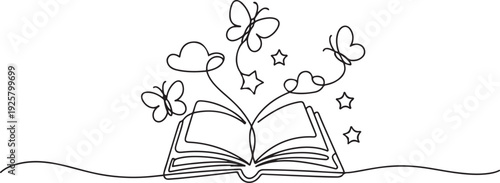Open book with butterflies, stars and clouds in continuous one line art style. Children's fantasy storybook. one line art icon drawing vector