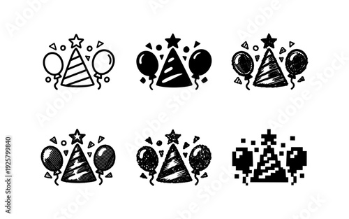 Collection of party hats and balloons icons in different styles for celebration