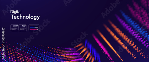 Digital Technology Big Data Background With Colorful Neon Particle Waves And UI Dashboard Elements On Dark Space. Digital Technologies Futuristic Background. Vector Illustration.