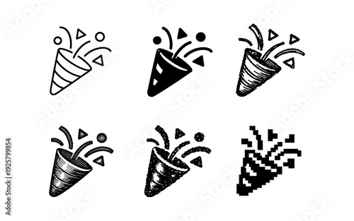 Collection of confetti popper icons in various artistic styles for celebrations and parties
