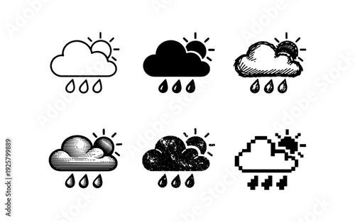Collection of diverse weather icons showing sun behind a cloud with rain falling