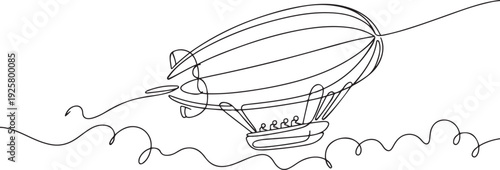 Airship flying in the sky among clouds in continuous line art style. Minimalist black linear design. one line art icon drawing vector