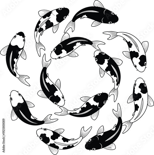 Black and white circular koi fish vector illustration featuring twelve spotted carp swimming in a ring isolated on white background for Zen nature design