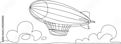 Airship flying in the sky among clouds in continuous line art style. Minimalist black linear design. one line art icon drawing vector