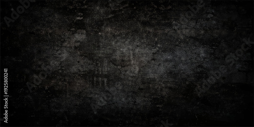 A dark vintage grunge wall background with a rough black concrete texture and an alpha channel on a dirty old stone surface backdrop