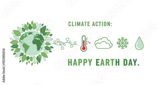 Earth Day climate action icon set. Includes globe, leaf, molecule, thermometer, cloud, snowflake, water droplet. Created in flat style with green palette.