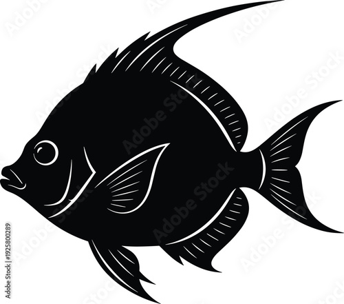 Black tropical fish silhouette vector illustration isolated on white background, angelfish or butterflyfish icon for marine life logos, underwater nature and aquarium graphic design