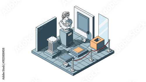 Isometric museum exhibit with classical bust and gallery elements
