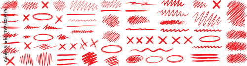 Marker pen underline and cross-out strokes. Hand-drawn set of various scribble lines and brush marks. Cross shapes, oval circles and strike-through elements. eps 