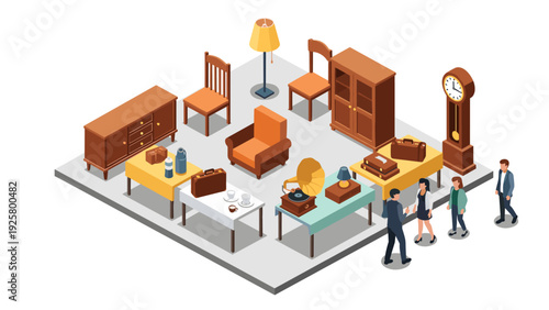 Antique furniture store with customers and vintage items in isometric style