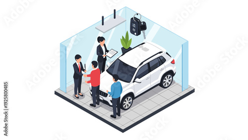 Isometric car dealership scene with salespeople and customers in showroom
