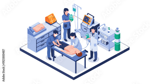 Isometric emergency room: medical team performing cpr with advanced equipment