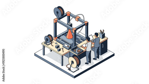 Isometric 3d printer workshop with two engineers operating modern technology