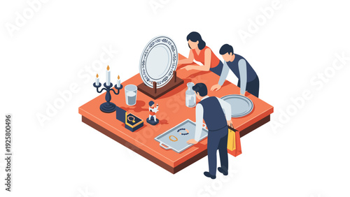 Isometric antique store display with items and customers