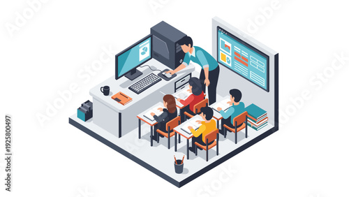 Modern classroom scene with teacher and students in an isometric design