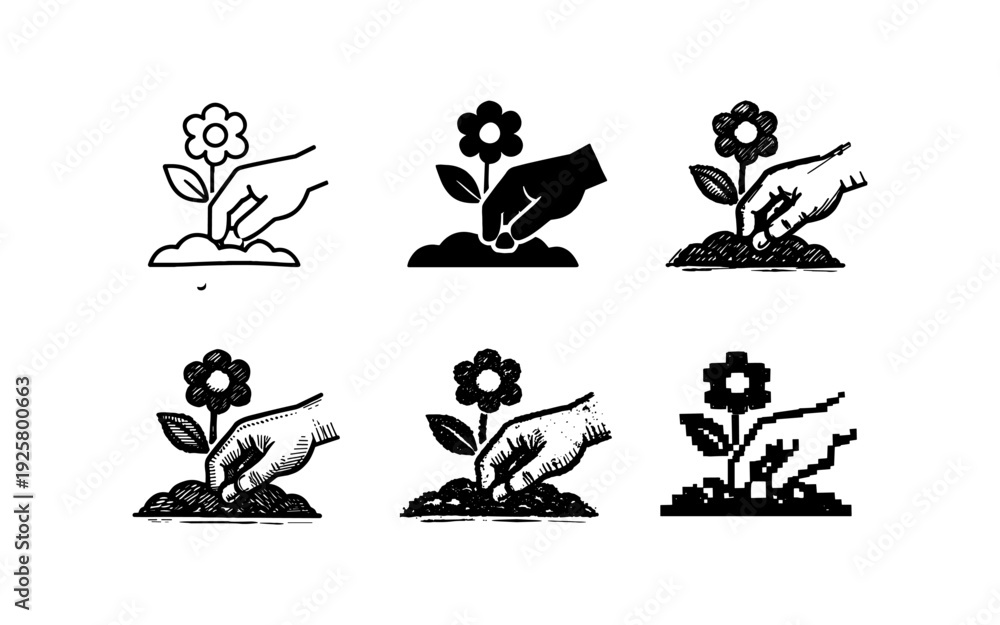 Fototapeta premium Collection of hand planting a flower seedling in soil, various artistic styles