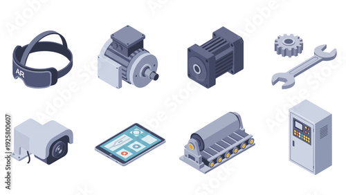 Isometric industrial technology icons: vr headset, motors, tools, and devices in modern design