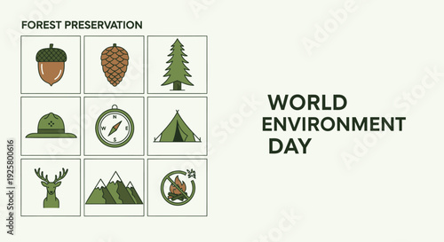 Environmental conservation icon set. Includes forest preservation, World Environment Day, eco symbols. Created in flat style with green palette.