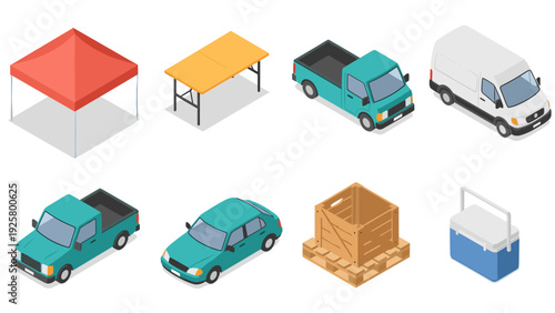 Isometric icons of vehicles, tent, table, and box for outdoor and transport design