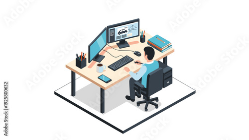 Professional workspace with dual monitors and office supplies in isometric style