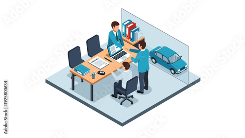Car dealership office meeting with business professionals and car in isometric style