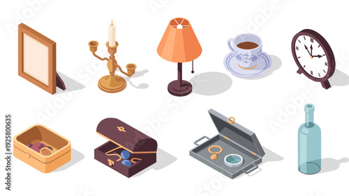 Vintage home items in isometric style for elegant decor inspiration