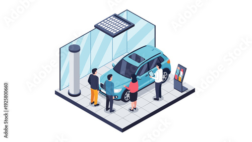 Isometric car dealership interior with customers and salesperson interaction